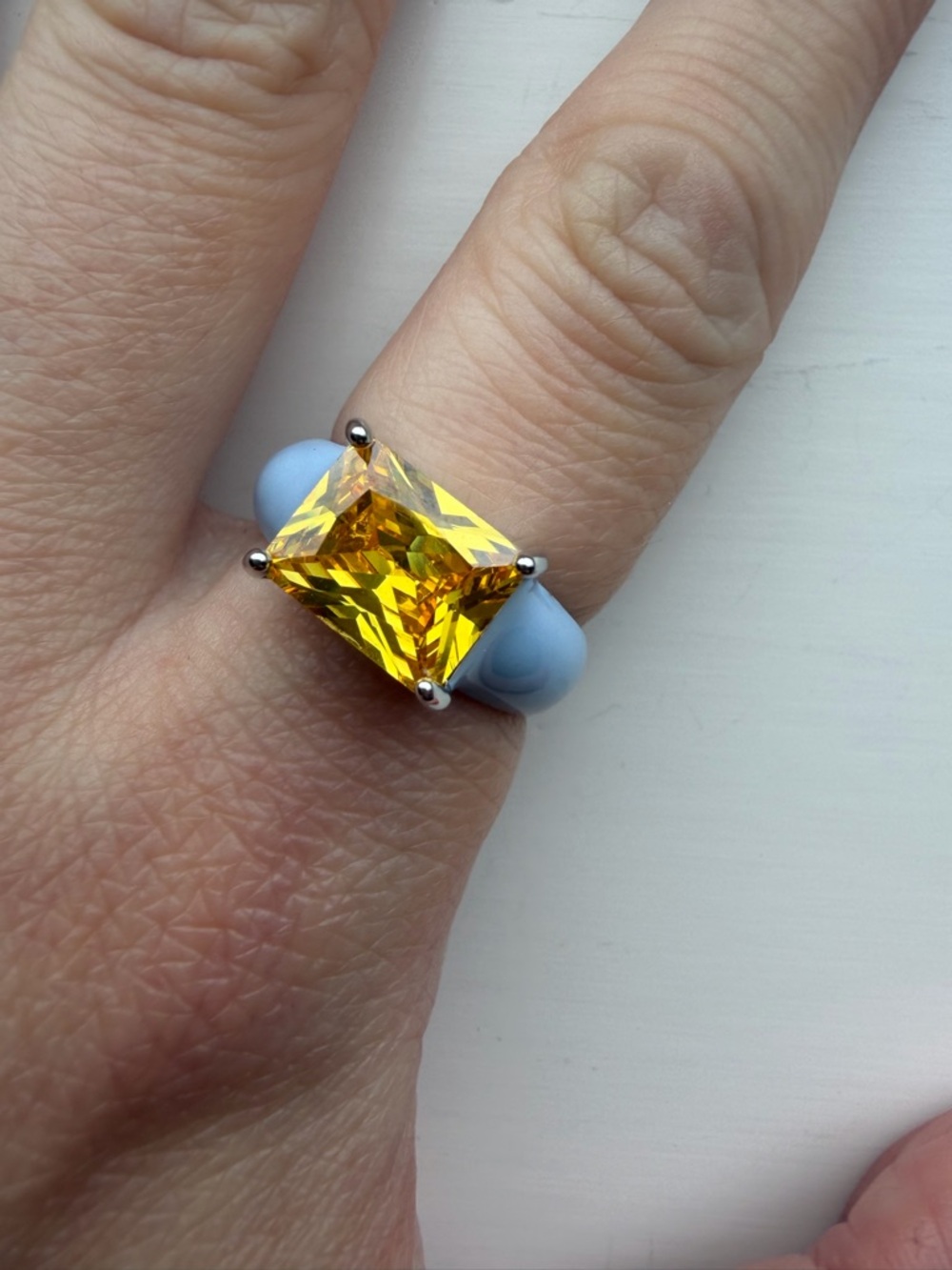 Baby Blue Enamel Cocktail Ring with Vibrant Yellow Faceted Crystal - Size 7.5